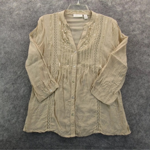 Chico's Tops - Chicos Beige Button Up V Neck Sheer 3/4 Sleeve 100% Rayon Sequins Top Size 2 Lrg